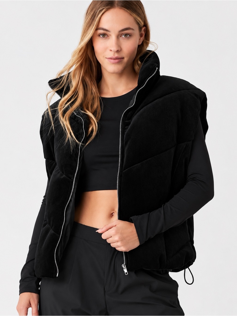 Alo Yoga Ribbed Velour Mountain Side Puffer Vest Black Size L